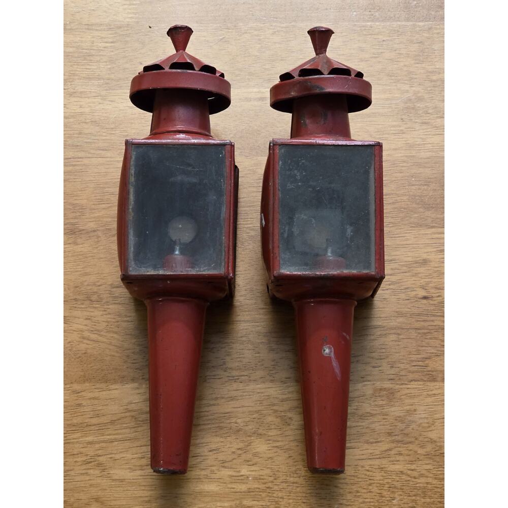 Vintage Antique 12" Red Carriage Lanterns Pair Glass Lenses & Hinged Doors READ